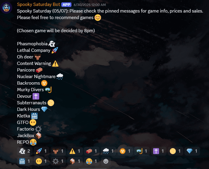 Screenshot of Spooky Saturday Discord Bot
